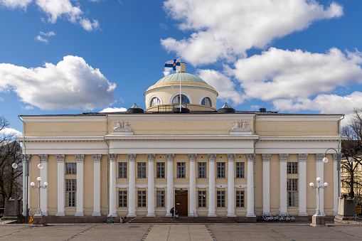 Helsinki, Finland - May 8th 2022: Many buildings downtown Helsinki were built during Russian occupation. Facades near Senate Square resemble buildings in Russian cities.