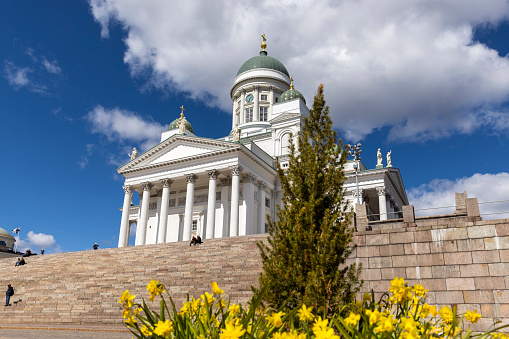 Helsinki, Finland - May 8th 2022: Helsinki Cathedral is the most prominent building in Helsinki skyline. It's visible all over downtown district.