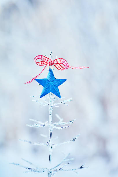 Tree with a blue star and red ribbon with a background of snow