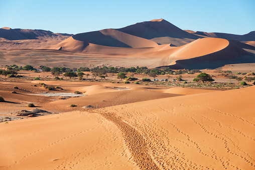 In the background you can recognize the parking area for the off-road vehicles. Without 4x4 you can’t reach this point at Sossusvlei and Deadvlei in Namibia