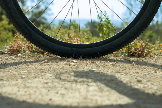 istock Bicycle wheel on the road 1396326391