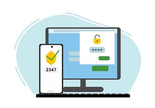 Two-factor authentication security. Login confirmation notification with a message in the envelope with the password code. The lock icons on the PC account account.