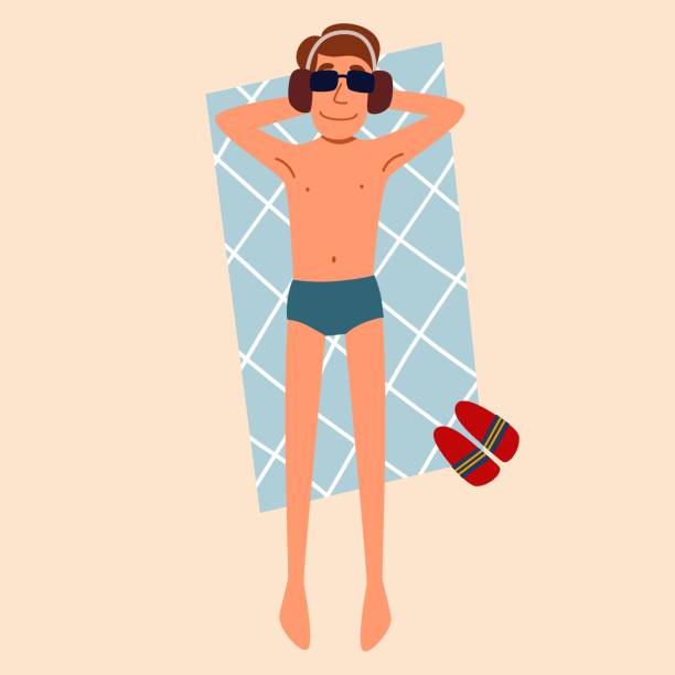 ilustrações, clipart, desenhos animados e ícones de um homem está deitado de costas e tomando sol na areia. - fun tourist resort beach group of people