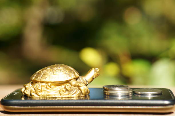 istock A metal turtle with coins on a mobile phone. 1396327377