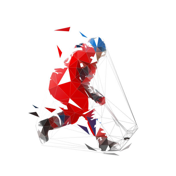 Ice hockey player in red jersey shooting puck, geometric polygonal drawing. Isolated vector illustration. Ice hockey athlete Ice hockey player in red jersey shooting puck, geometric polygonal drawing. Isolated vector illustration. Ice hockey athlete ice hockey net stock illustrations