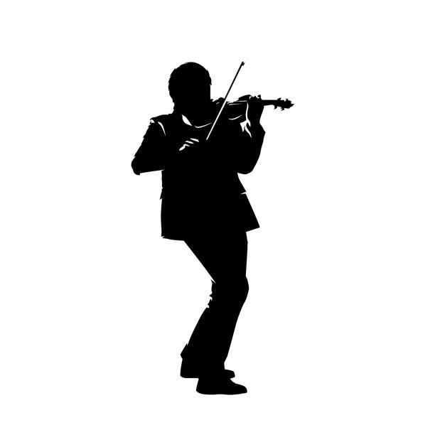 illustrazioni stock, clip art, cartoni animati e icone di tendenza di siluetta vettoriale isolata del violinista. musicista che suona il violino, stile moderno - violinist