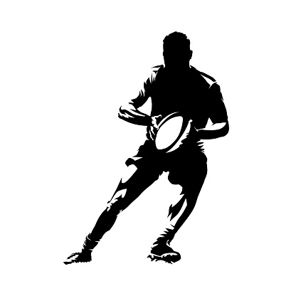 Rugby player running and holding ball in hands, abstract isolated vector silhouette. Comic style, ink drawing