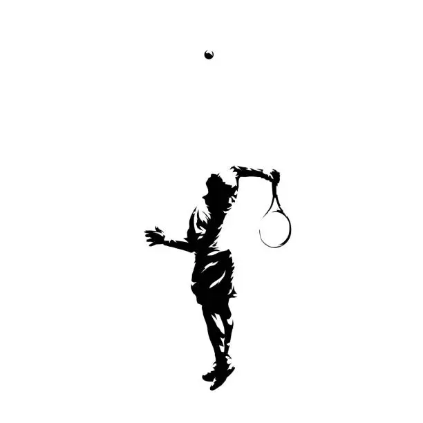 Vector illustration of Tennis service, tennis player serving ball, ink drawing. Abstract isolated vector silhouette
