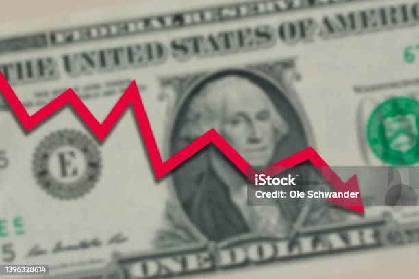 Us Dollar Bill With Red Stock Market Chart Arrow Going Down Stock Photo - Download Image Now