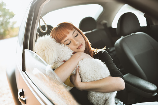 Female Fallign Asleep With Dog In Arms While Riding In Car