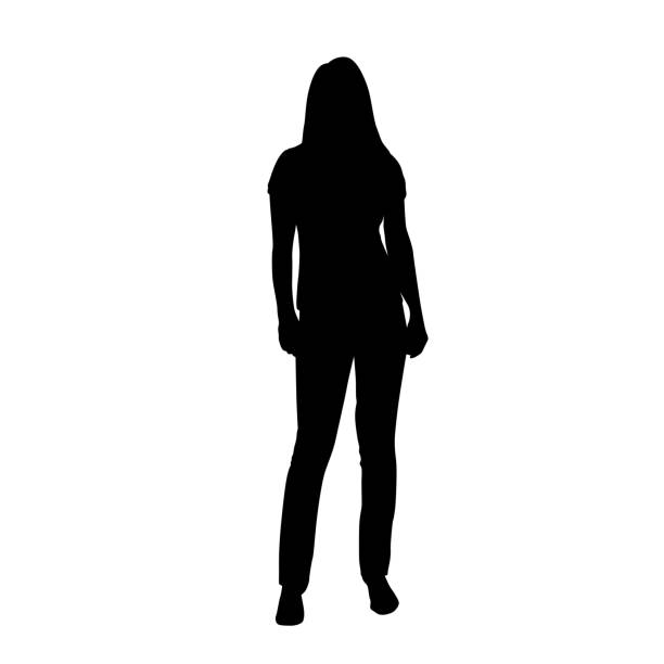 illustrazioni stock, clip art, cartoni animati e icone di tendenza di donna in piedi, silhouette vettoriale isolata, vista frontale - donna sola controluce