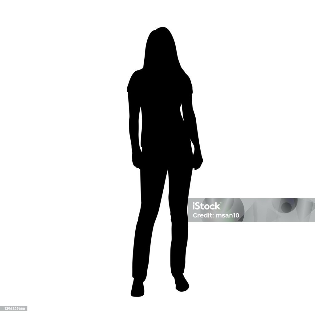 Woman standing, isolated vector silhouette, front view - Royalty-free Silhouet vectorkunst Woman standing, isolated vector silhouette, front view - Royalty-free Silhouet vectorkunst