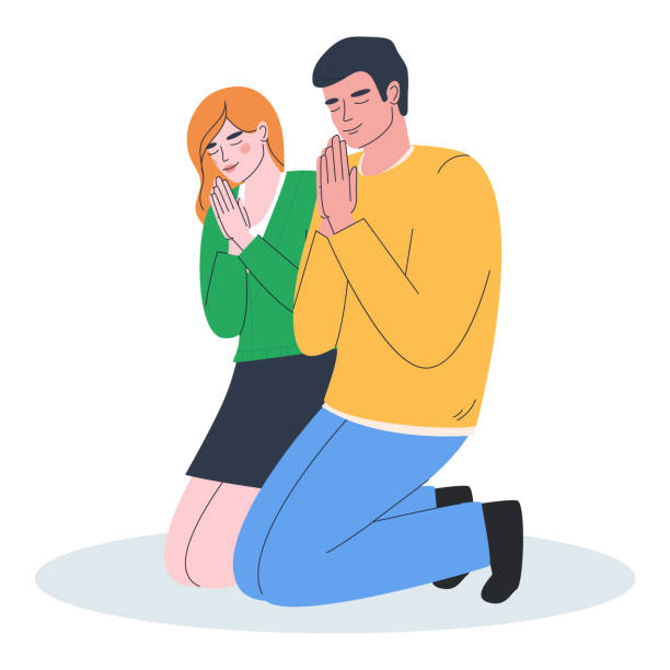 결혼에 대한 축복을 요청합니다. 더 높은 힘, 하느님과 우주에 호소하십시오. 한 젊은 부부가 간구에 손을 얹고 무릎을 꿇고 있습니다. 플랫 벡터 일러스트레이션. - kneeling praying women begging stock illustrations