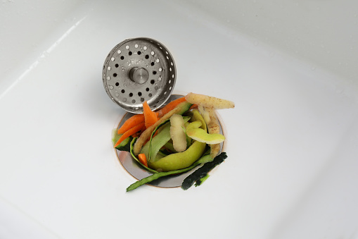 Vegetable scraps in kitchen sink with garbage disposal