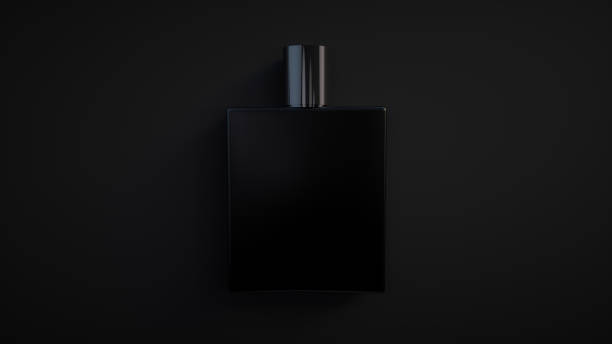 istock Blank perfume bottle for branding. Black fragrance perfume bottle mockup on dark empty background. 3D Rendering 1396330810