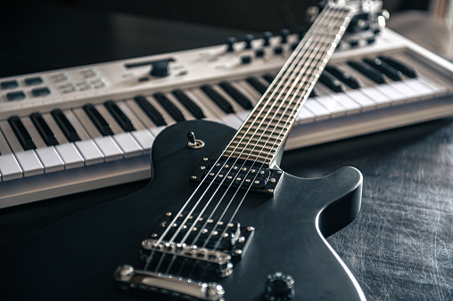 new electronic guitars in the musical instrument store