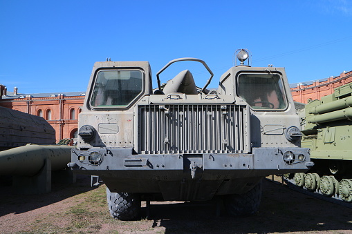 ballistic missile in transport position on army truck front view
