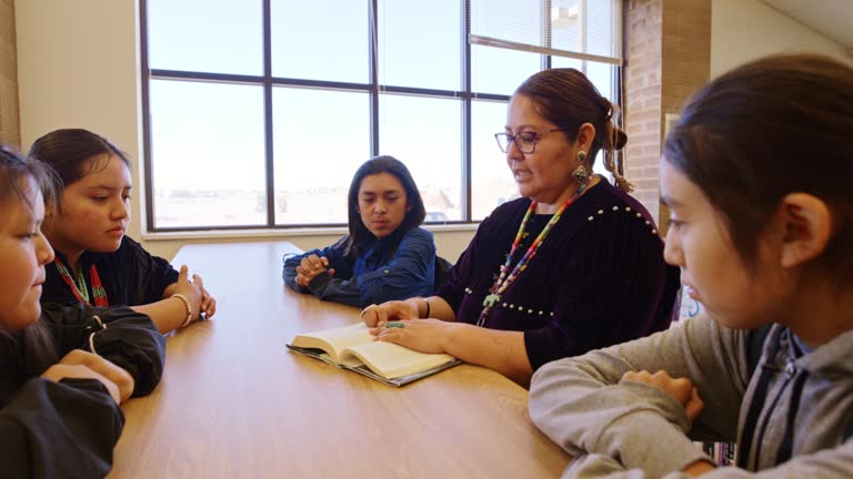 High School Teacher and Students in a School Library