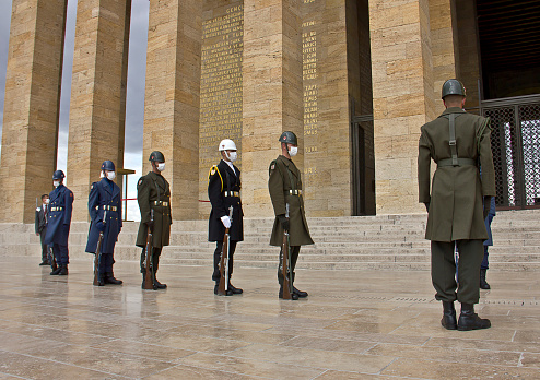 Ankara, Turkey - April 11,2022 : View of Anitkabir Mausoleum of Ataturk. There are Turk soldiers at military ceremony watch. People watch the ceremony and visiting the Great Leader Ataturk in his grave to convey his love and respect. Anıtkabir (literally, \