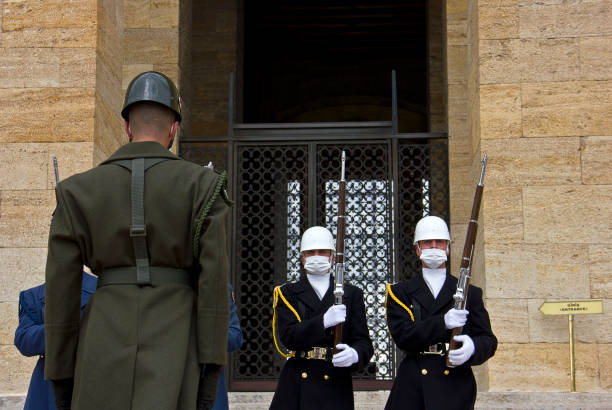 Ankara, Turkey - April 11,2022 : View of Anitkabir Mausoleum of Ataturk. There are Turk soldiers at military ceremony watch. People watch the ceremony and visiting the Great Leader Ataturk in his grave to convey his love and respect. Anıtkabir (literally, \