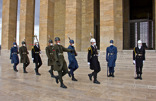 Ankara, Turkey - April 11,2022 : View of Anitkabir Mausoleum of Ataturk. There are Turk soldiers at military ceremony watch. People watch the ceremony and visiting the Great Leader Ataturk in his grave to convey his love and respect. Anıtkabir (literally, \