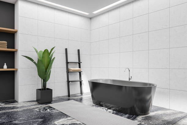 istock Stylish bathroom interior with bathtub, plant and shelf. Empty wall 1396338881