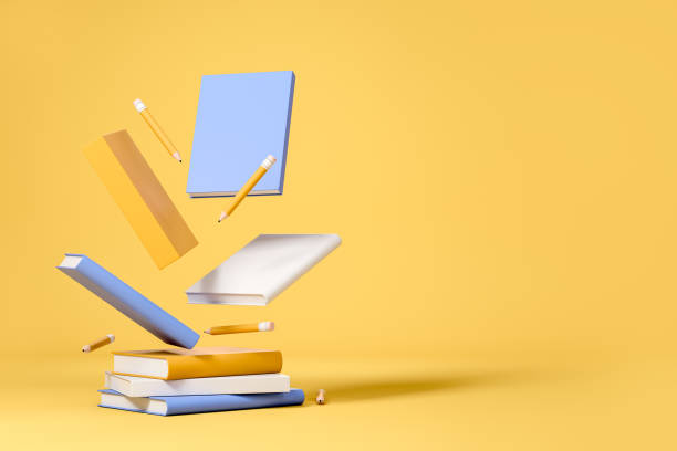 istock Textbook and pencil floating on bright background, education. Mockup 1396339528