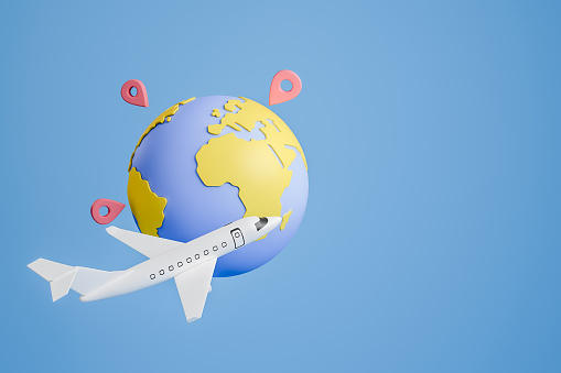 White airplane flying worldwide, earth globe with location pins on blue background. Concept of travel and tourism. Mockup copy space. 3D rendering