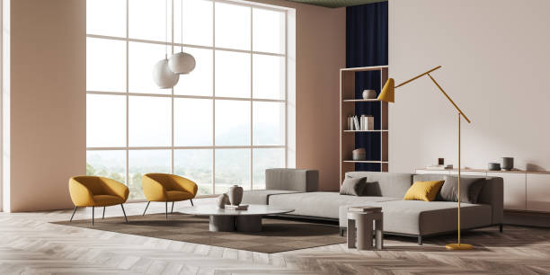 istock Lounge zone interior with couch and chair, dresser and panoramic window 1396340952