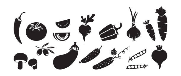 gemüseschwarze silhouetten vektor-icon-set. illustration des essens der saison - salad vegetable pumpkin broccoli stock-grafiken, -clipart, -cartoons und -symbole