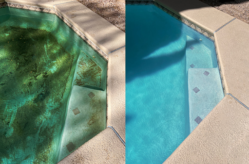 A before and after of a swimming pool that was in desperate need of a clean.
