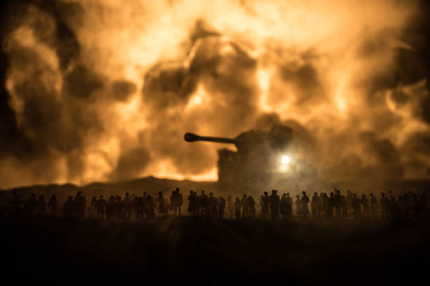 istock Creative artwork decoration war on Ukraine. Crowd looking on giant explosion and attacking soldiers. 1396354183