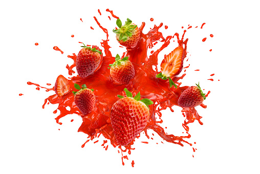 Collection of fresh Strawberry with splashing red juice on white background. Selective focus