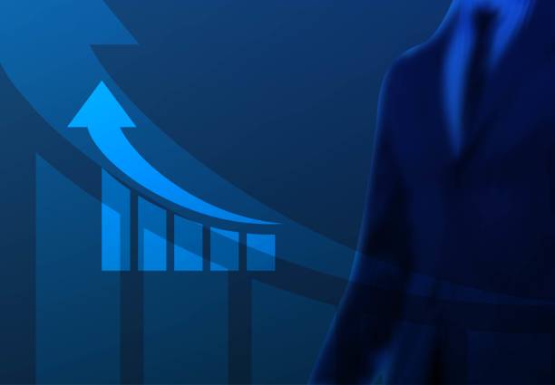 istock Business man standing on upward blue chart arrow Growing sales concept. Double exposure. Vector Illustration 1396361580