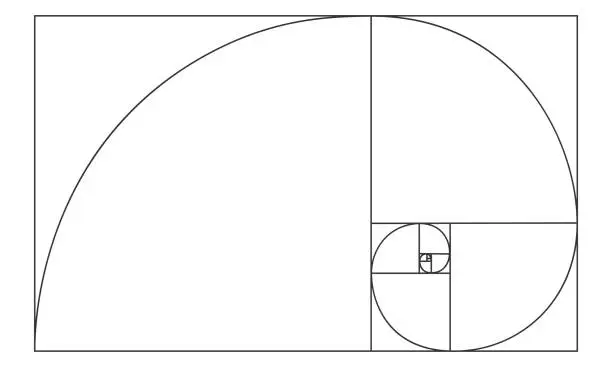 Vector illustration of Golden ratio sign. Logarithmic spiral in rectangle. Nautilus shell shape. Leonardo Fibonacci Sequence. Ideal nature symmetry proportions template