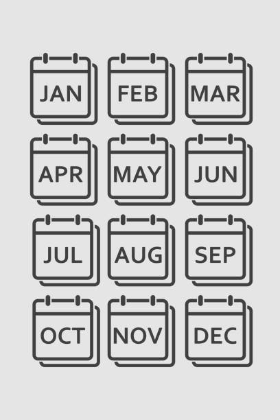 satz von jahresmonat kalenderseitensymbolen - june calendar page personal organizer stock-grafiken, -clipart, -cartoons und -symbole