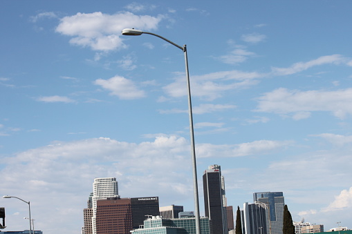 Driving on highway toward downtown district in Los Angeles, California.