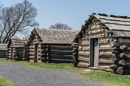 Reconstructed cabins like those built  for soldiers of the Continental Army for the winter encampment of Valley Forge during the Revolutionary War