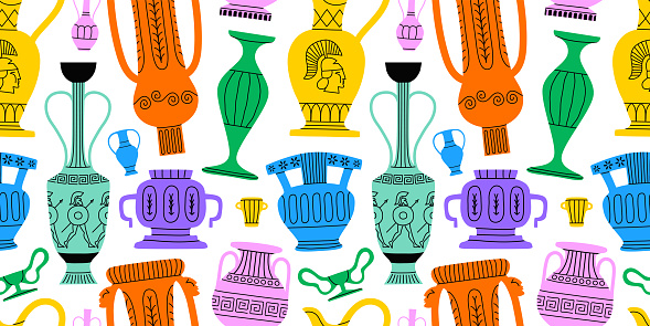 Classical greek vase decoration cartoon seamless pattern illustration. Colorful trendy museum jar background, ancient pottery doodle wallpaper.