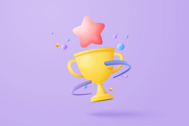 istock 3d winners minimal with golden cup, gold winners stars with objects floating around on gold background. Award ceremony concept with cartoon style. 3d vector render isolated on yellow pastel background 1396367076
