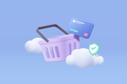 3d shopping bag for online shopping and credit card secure concept. Basket icon with shadows on blue sky cloud background. Shopping bag for buy, sale, discount, promotion. 3d vector icon illustration