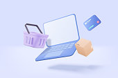 istock 3D shopping online with laptop, product shipping packing, shopping bag or basket. Credit card protection with password secure for online payment concept. Notebook icon 3d vector render illustration 1396367145