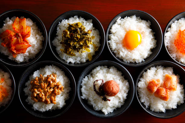 Japanese home cooking, a side dish served on a bed of warm rice stock photo