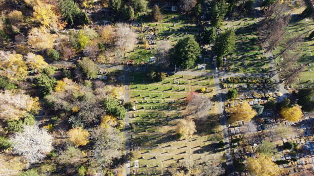 Arial drone view flight over old cemetery with tombstones, gravestones, arrows