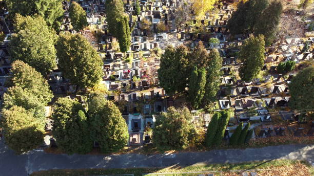 arial drohnen-blickflug über alten friedhof mit grabsteinen, grabsteinen, pfeilen - san francisco national military cemetery stock-fotos und bilder