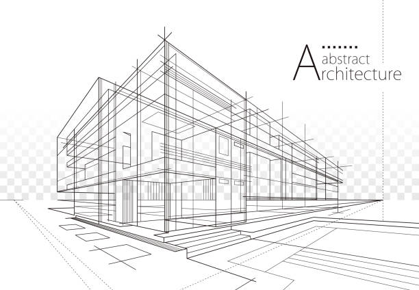 architektur baukonstruktion perspektivisches design, abstraktes modernes stadtbau-außenlinien-schwarz-weiß-zeichnung. - architektur stock-grafiken, -clipart, -cartoons und -symbole