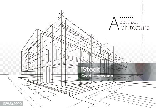 istock Architecture building construction perspective design, abstract modern urban building out-line black and white drawing. 1396369900