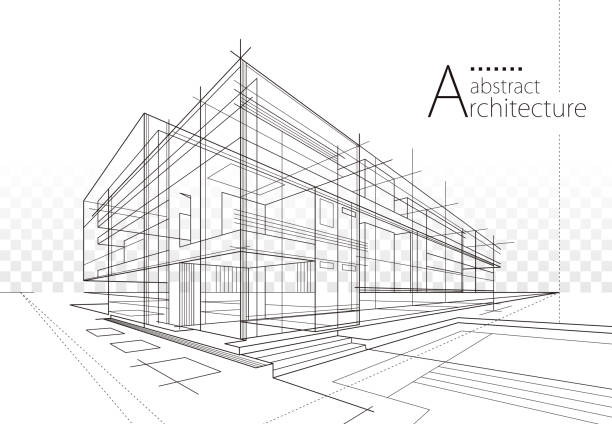 Architecture building construction perspective design, abstract modern urban building out-line black and white drawing. 3D illustration Imagination architecture building construction perspective design,abstract modern urban building out-line black and white drawing. blueprint stock illustrations