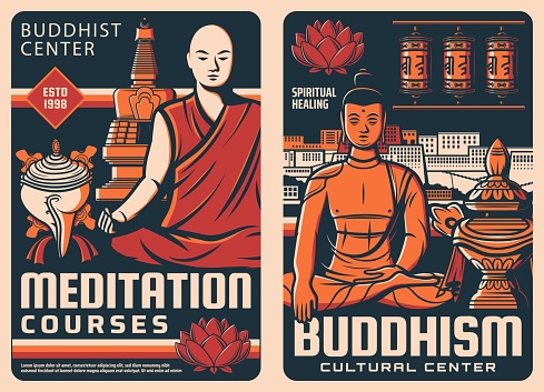 Buddhism religion retro posters. Buddhist cultural center, meditation courses and oriental philosophy school vintage posters with meditating buddhist monk and Buddha, conch shell, temple prayer wheels