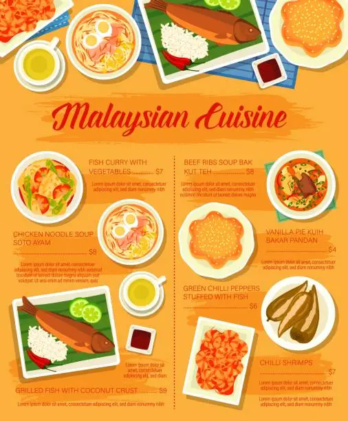 Vector illustration of Malaysian cuisine restaurant meals menu page